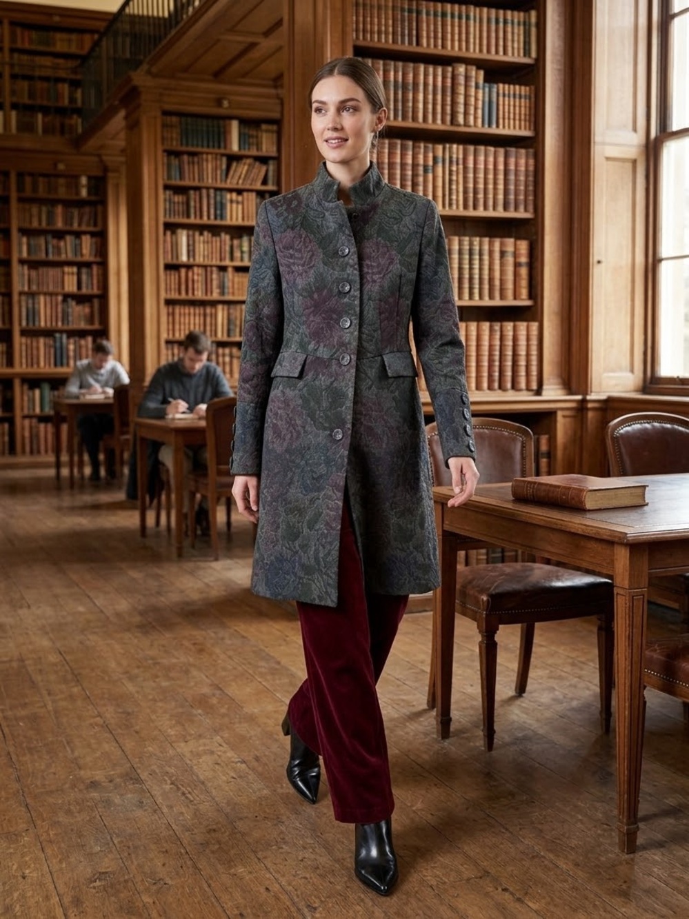 Express Floral Quilted Stand-Collar Trench Coat in Olive Green and Plum